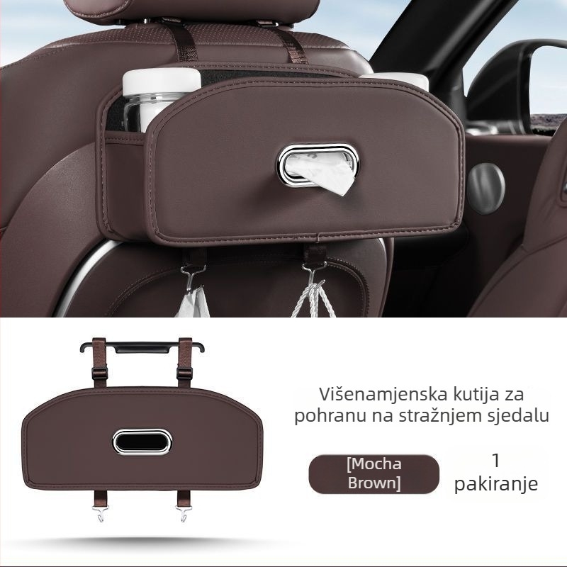 Organizator stražnjeg dijela automobila s kutijom za maramice, držačem za čaše i kukom za odlaganje