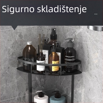 Zidna kutna polica za kupaonicu, trokuta oblika, dvije etaže, aluminij, bez bušenja
