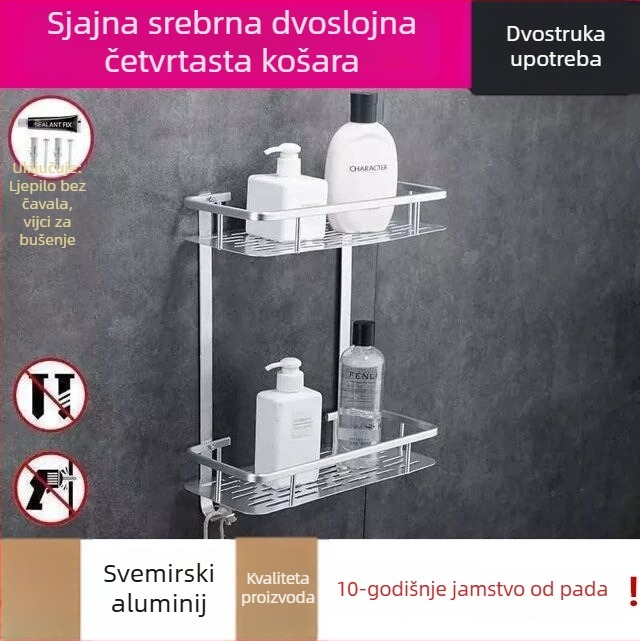 Zidna kutna polica za kupaonicu, trokuta oblika, dvije etaže, aluminij, bez bušenja
