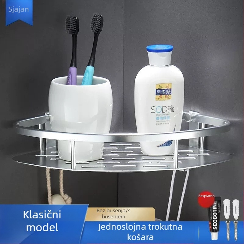 Zidna kutna polica za kupaonicu, trokuta oblika, dvije etaže, aluminij, bez bušenja