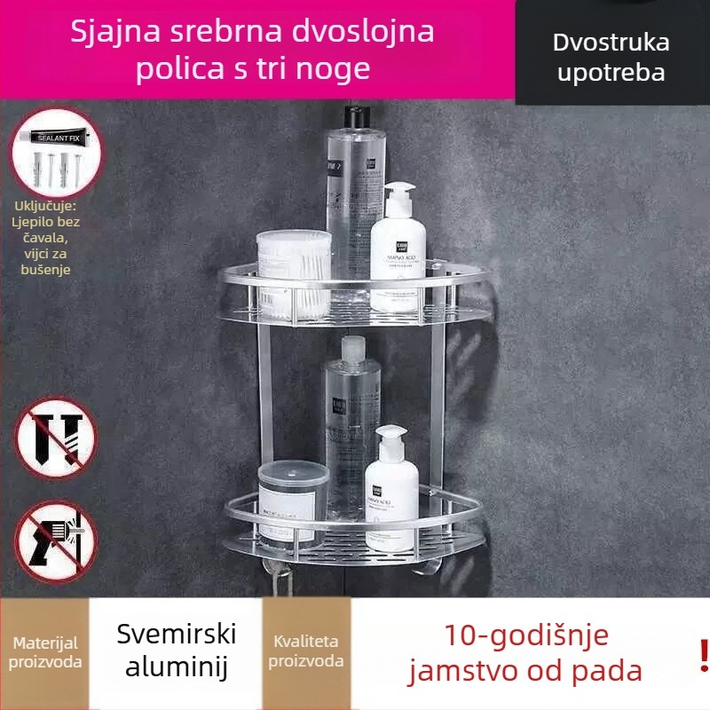 Zidna kutna polica za kupaonicu, trokuta oblika, dvije etaže, aluminij, bez bušenja
