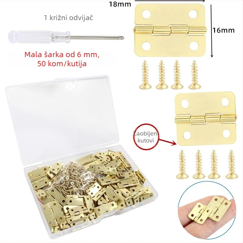 Zlatna mala šarka za kutiju za nakit, 18×15 mm, sa zaobljenim rubovima, dodatak za male drvene modele vrata i prozora