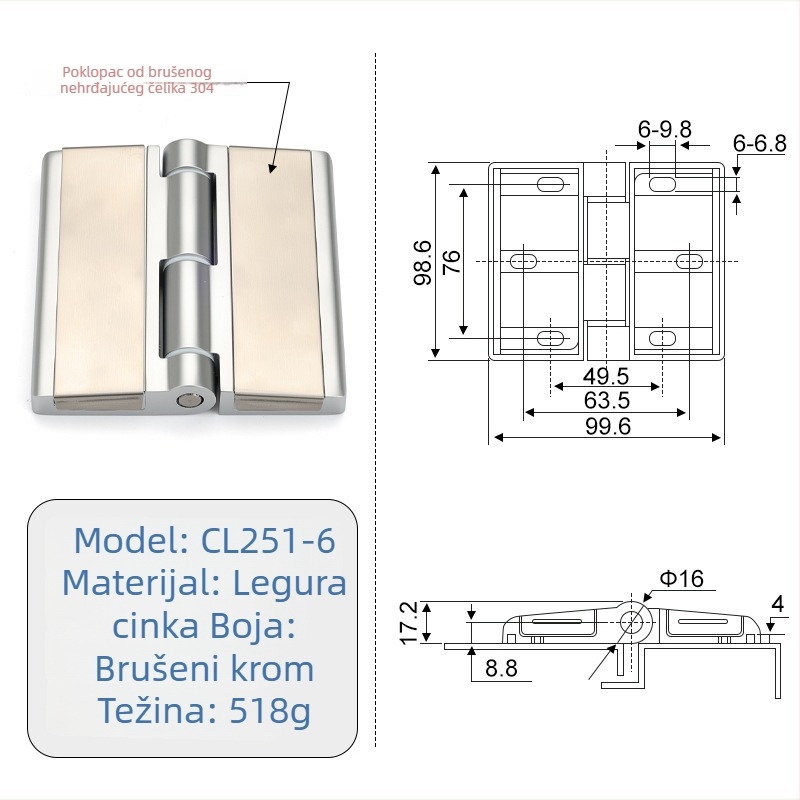 CL251 teški šarniri za vrata ormara, cinkova zlitina, elektroplatirani završetak, moderan minimalistički stil