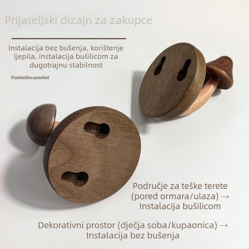 Nordijski čvrsti drveni kuka u obliku gljive, bez bušenja, samoljepljiva za vrata, za ulaz ili spavaću sobu