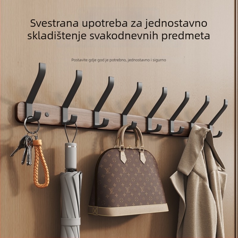 Vješalica za vrata od orahova drveta, bez bušenja, zidna vješalica za kapute s više redova kukica, ulazni hodnik
