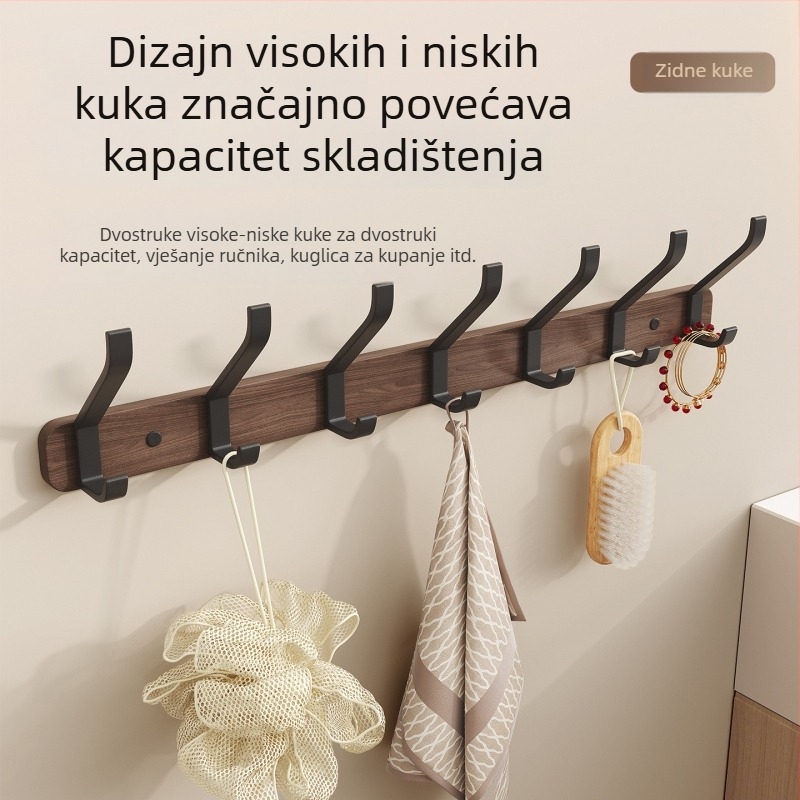 Vješalica za vrata od orahova drveta, bez bušenja, zidna vješalica za kapute s više redova kukica, ulazni hodnik
