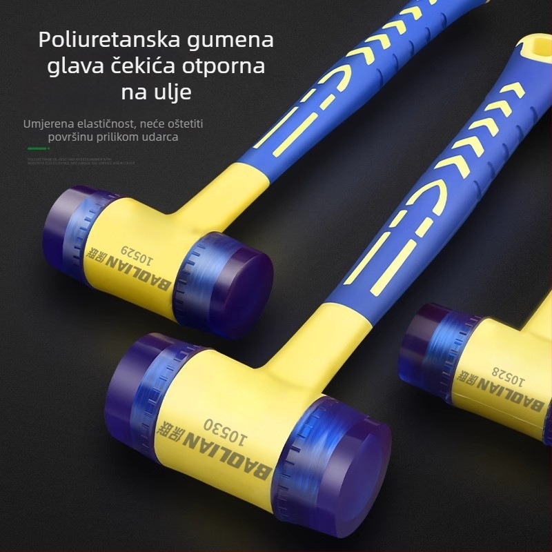 Čekić od gume s uklonjivim plastičnim držalom, namijenjen izolacijskim montažama; za udaranje vrata, prozora i pločica.
