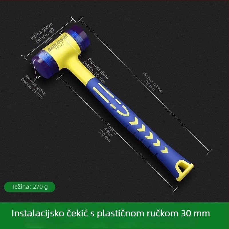 Čekić od gume s uklonjivim plastičnim držalom, namijenjen izolacijskim montažama; za udaranje vrata, prozora i pločica.