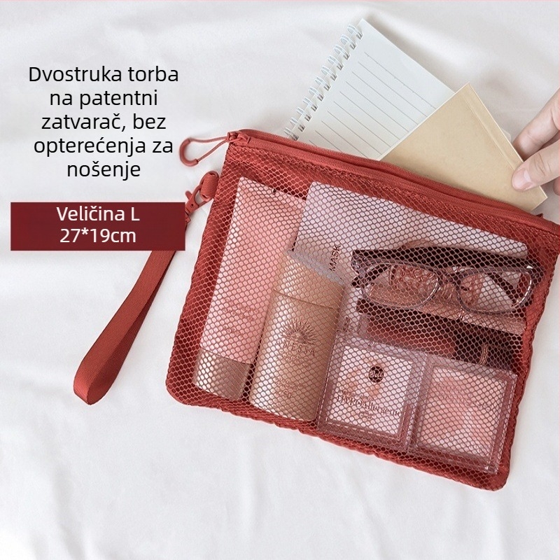 Mrežasta dvostruka putna torbica za šminku, proziran organizator za ruževe i kablove, pretinac za dokumente i novac
