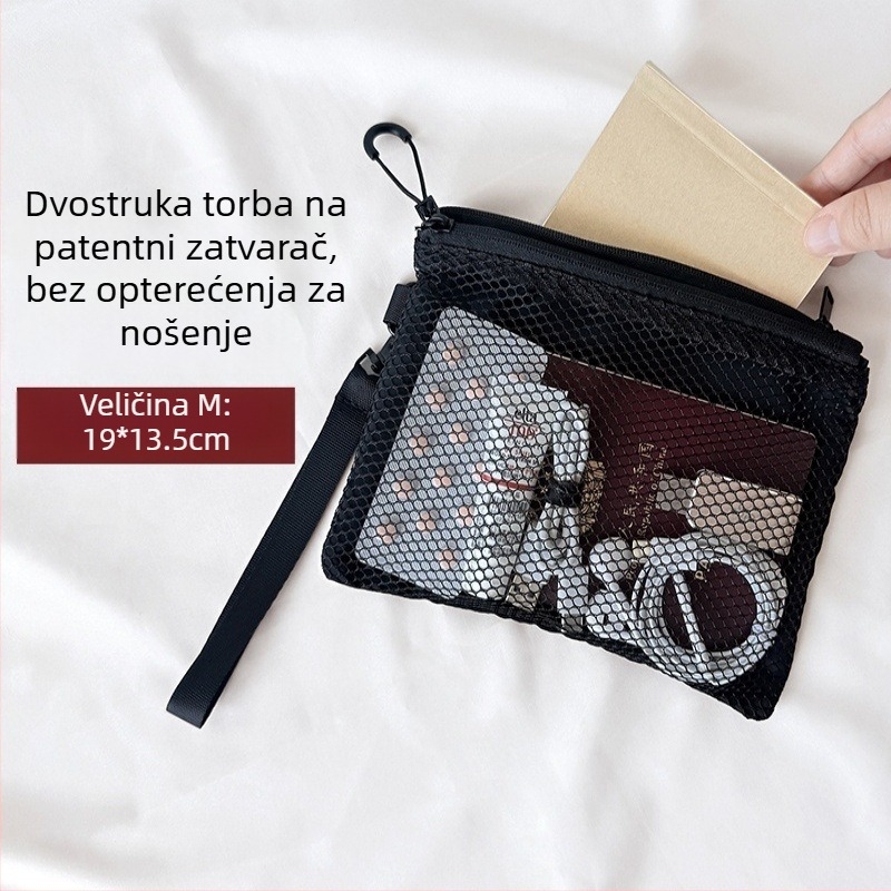 Mrežasta dvostruka putna torbica za šminku, proziran organizator za ruževe i kablove, pretinac za dokumente i novac