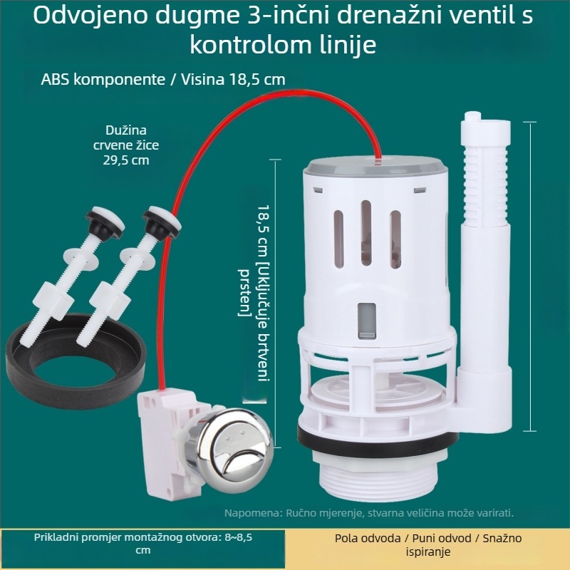 3-inčna velika dijeljena WC s kabelsko upravljanim ventilom za ispuštanje u spremnik; pribor: gumb za otpuštanje vode i ključić.