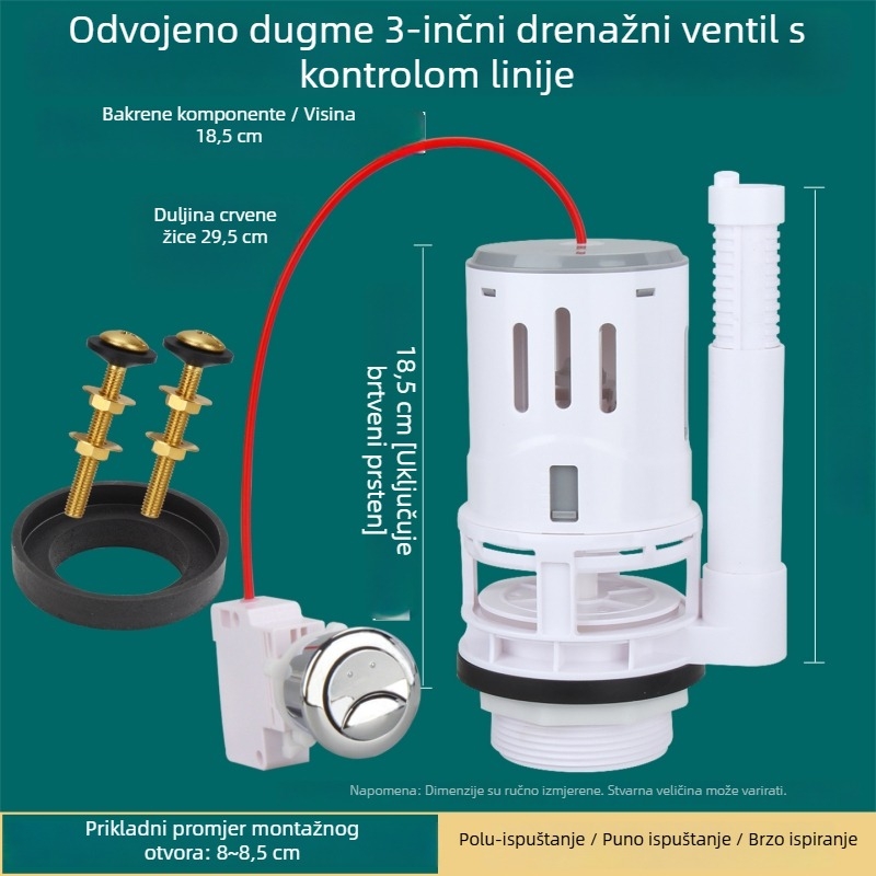 3-inčna velika dijeljena WC s kabelsko upravljanim ventilom za ispuštanje u spremnik; pribor: gumb za otpuštanje vode i ključić.