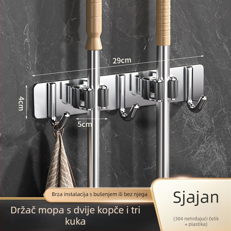 Držač za mop na zid od 304 nehrđajućeg čelika, bez bušenja, kupaonica – držač za metlu i mop