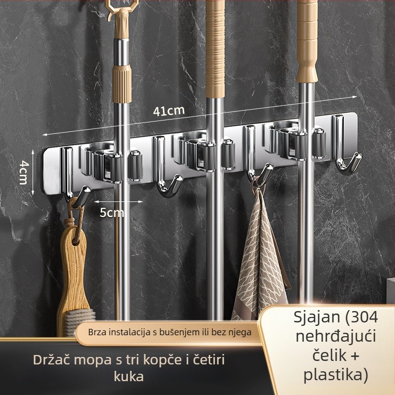 Držač za mop na zid od 304 nehrđajućeg čelika, bez bušenja, kupaonica – držač za metlu i mop