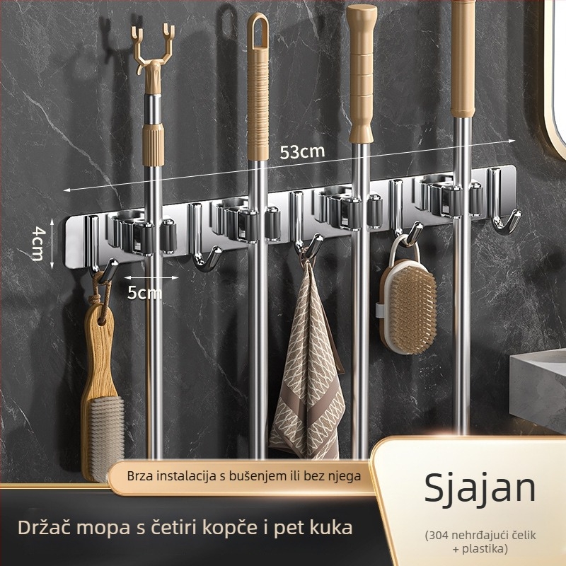 Držač za mop na zid od 304 nehrđajućeg čelika, bez bušenja, kupaonica – držač za metlu i mop