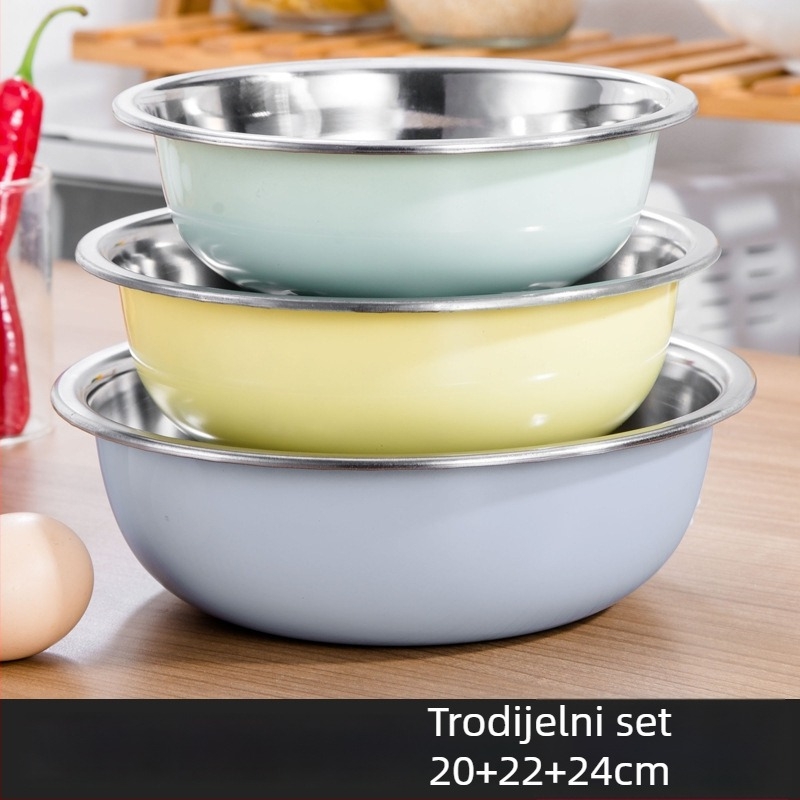 Trodjelni set od nehrđajućeg čelika za kuhinju, šarene okrugle posude za pranje povrća, odvodna košarica i posuda za juhu.