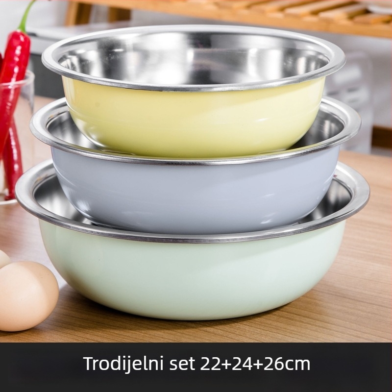 Trodjelni set od nehrđajućeg čelika za kuhinju, šarene okrugle posude za pranje povrća, odvodna košarica i posuda za juhu.
