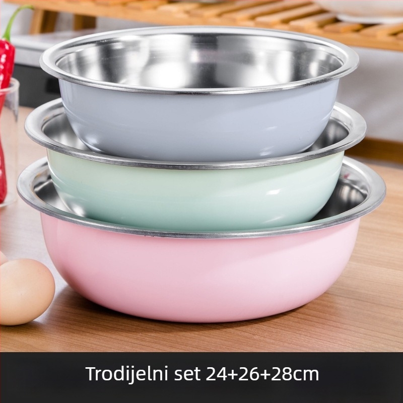 Trodjelni set od nehrđajućeg čelika za kuhinju, šarene okrugle posude za pranje povrća, odvodna košarica i posuda za juhu.
