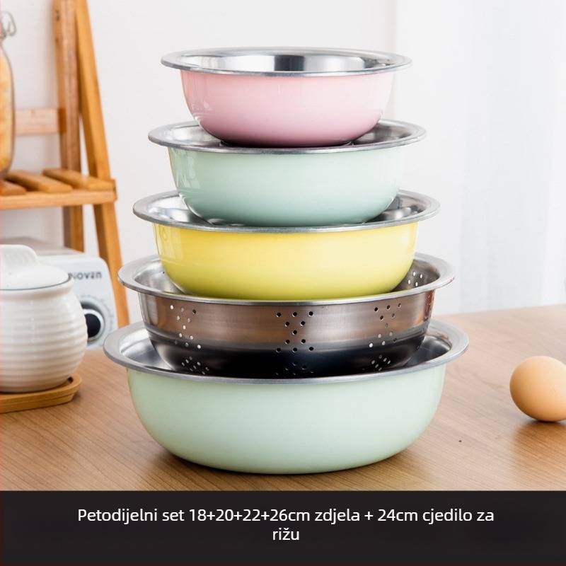 Trodjelni set od nehrđajućeg čelika za kuhinju, šarene okrugle posude za pranje povrća, odvodna košarica i posuda za juhu.