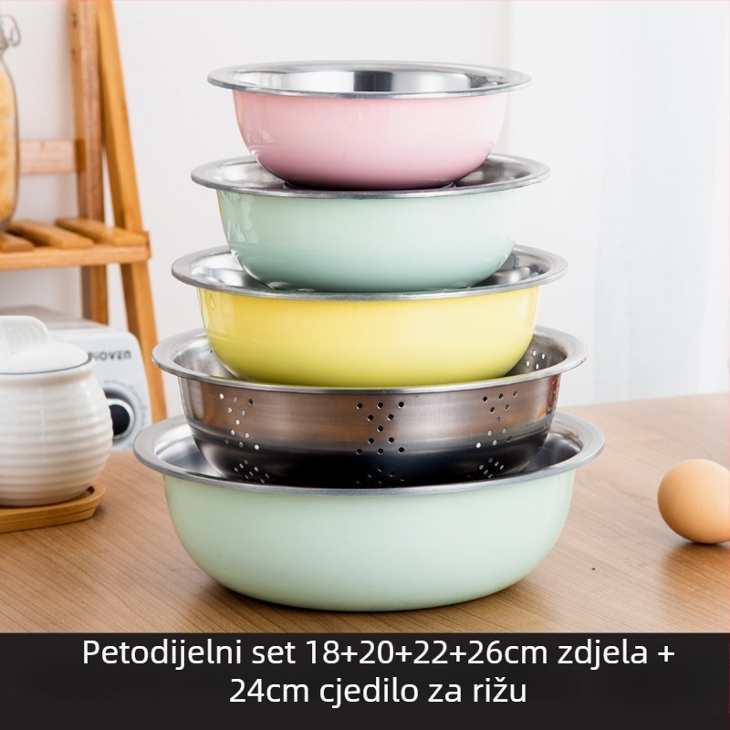 Trodjelni set od nehrđajućeg čelika za kuhinju, šarene okrugle posude za pranje povrća, odvodna košarica i posuda za juhu.
