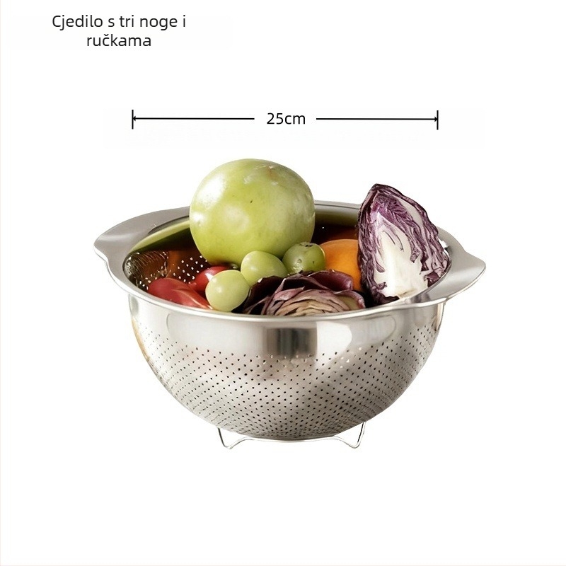 Set posuda od 304 nehrđajućeg čelika, prehrambene kvalitete, ojačani kuhinjski dizajn; idealan za tučenje jaja, mijesanje tijesta, pranje povrća, ocjeđivanje i procjeđivanje juhe (23–27 cm).