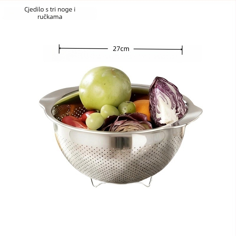 Set posuda od 304 nehrđajućeg čelika, prehrambene kvalitete, ojačani kuhinjski dizajn; idealan za tučenje jaja, mijesanje tijesta, pranje povrća, ocjeđivanje i procjeđivanje juhe (23–27 cm).
