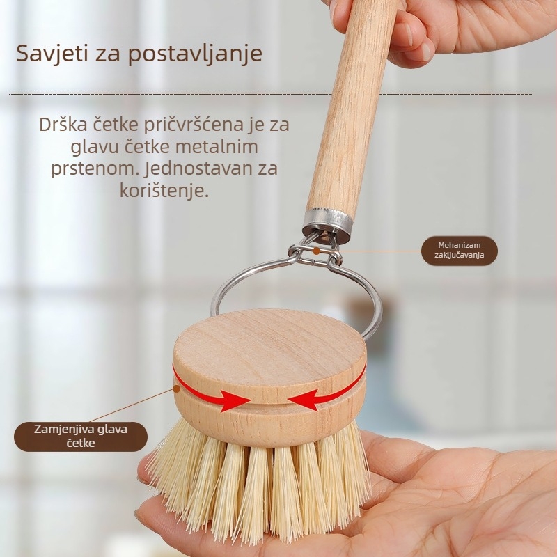 Zamjenjiva četka za posuđe s dugim držalom i drvenom ručkom; dlaka konja, vlakna kokosove palme i sisal vlakna