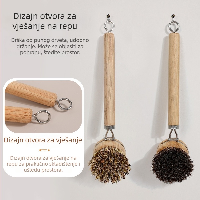 Zamjenjiva četka za posuđe s dugim držalom i drvenom ručkom; dlaka konja, vlakna kokosove palme i sisal vlakna