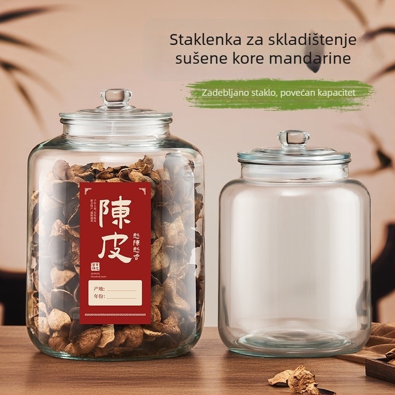 Staklena posuda za hranu s hermetičnim zatvaranjem, širokim otvorom, velika kapaciteta za čuvanje čaja, sušene kore mandarine i tradicionalne kineske medicine