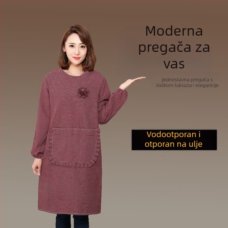 Pamučna pregača srednje duljine za kuhinju i domaće kuhanje, modna radna pregača, otporna na mrlje, vodootporna i otporna na ulje