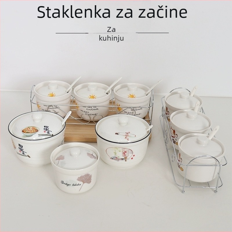 Keramična posuda za začine s poklopcem i žličkom, kuhinjska posuda za so na stalku, za kućnu upotrebu