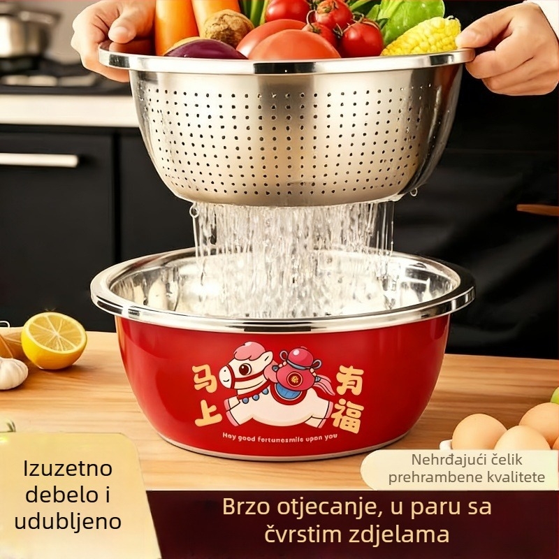 Crvena posuda od nehrđajućeg čelika za kuhinju s košem za odvod i sitom za rižu – debela i duboka, višenamjenska za pranje povrća.