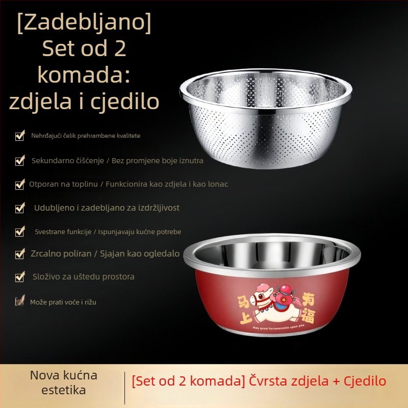 Crvena posuda od nehrđajućeg čelika za kuhinju s košem za odvod i sitom za rižu – debela i duboka, višenamjenska za pranje povrća.