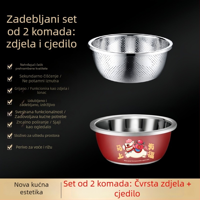 Crvena posuda od nehrđajućeg čelika za kuhinju s košem za odvod i sitom za rižu – debela i duboka, višenamjenska za pranje povrća.