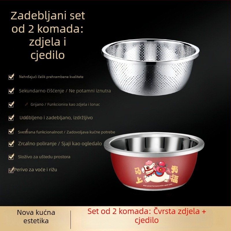 Crvena posuda od nehrđajućeg čelika za kuhinju s košem za odvod i sitom za rižu – debela i duboka, višenamjenska za pranje povrća.