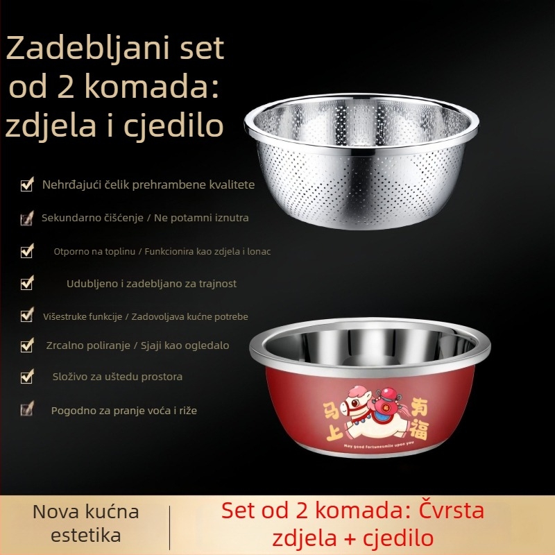 Crvena posuda od nehrđajućeg čelika za kuhinju s košem za odvod i sitom za rižu – debela i duboka, višenamjenska za pranje povrća.