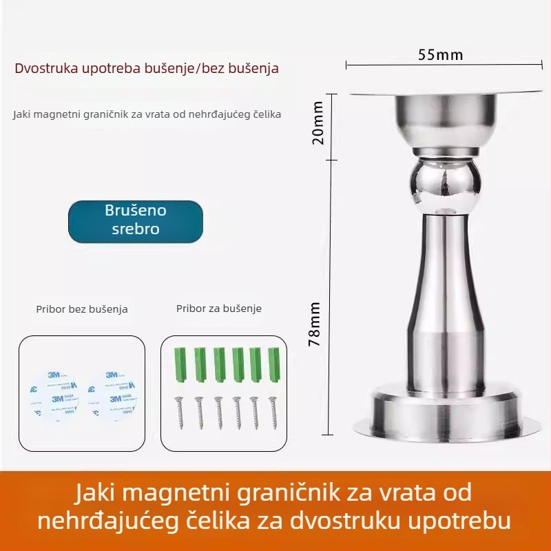 Magnetični držač vrata od 304 nehrđajućeg čelika, bez bušenja, snažan magnet, tih protiv sudara, za montažu na zid i na pod, gornji hardver za vrata