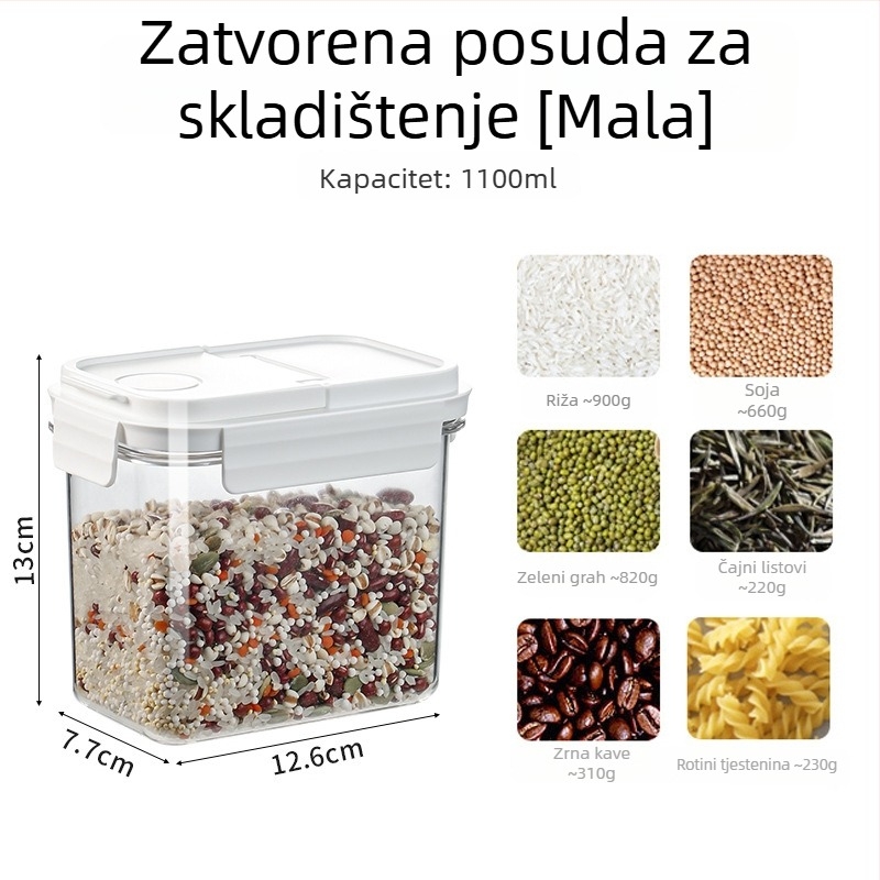 Prozirna plastična posuda za skladištenje žitarica i grickalica, otporna na vlagu, s hermetičkim zatvaranjem, 1–2 L