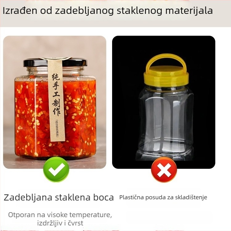 Šesterokutna staklena posuda s poklopcem, prehrambene klase, za čili umak i med