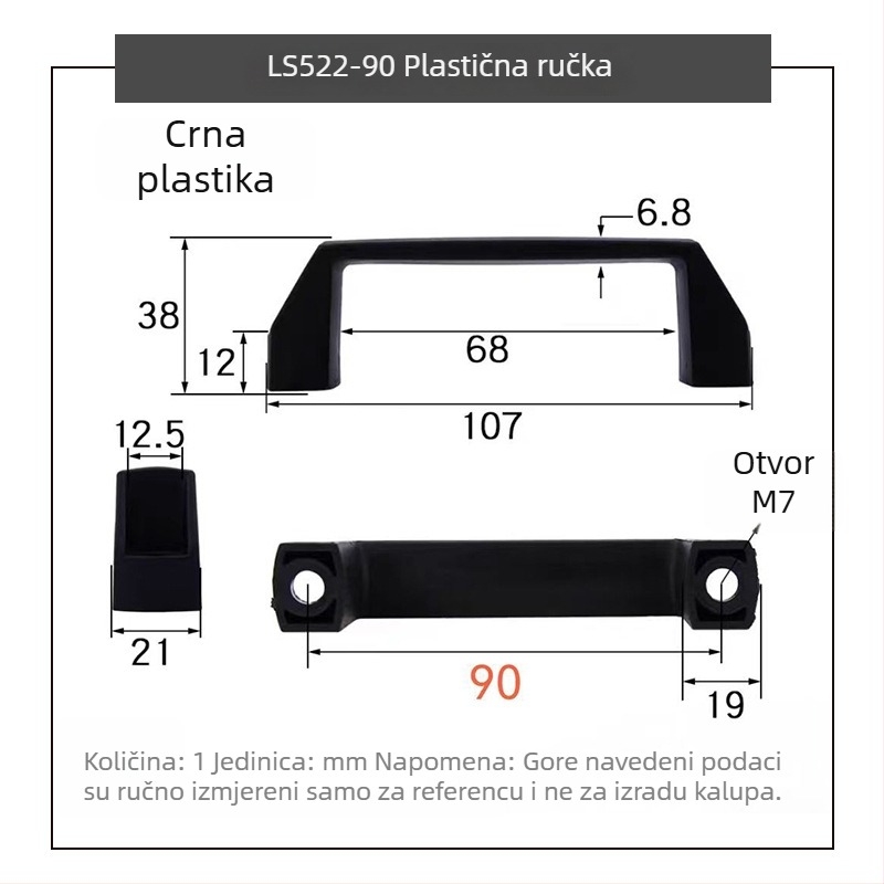 LS522 Debljina aluminijske legure crna najlonska ručka za industrijsku opremu, plastična kvadratna ručka za vrata ormarića
