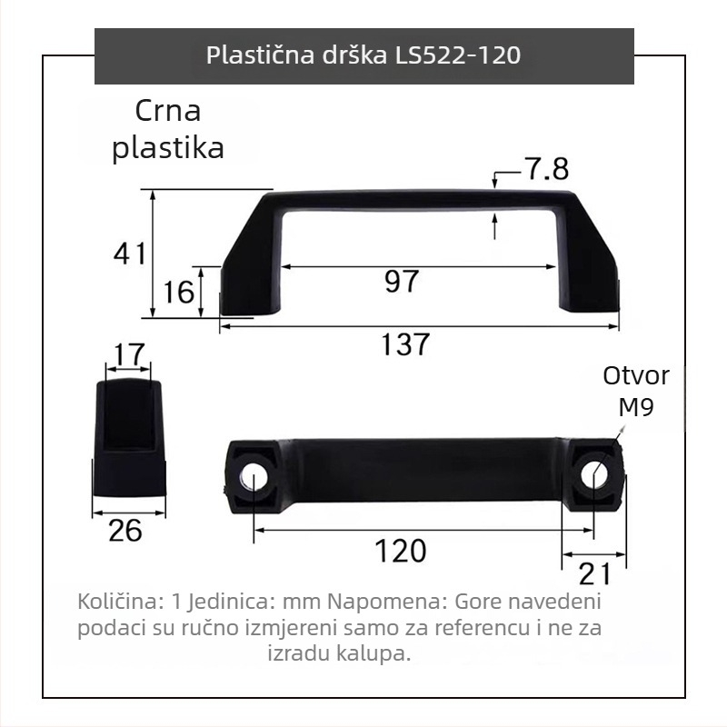 LS522 Debljina aluminijske legure crna najlonska ručka za industrijsku opremu, plastična kvadratna ručka za vrata ormarića