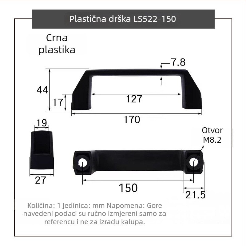 LS522 Debljina aluminijske legure crna najlonska ručka za industrijsku opremu, plastična kvadratna ručka za vrata ormarića