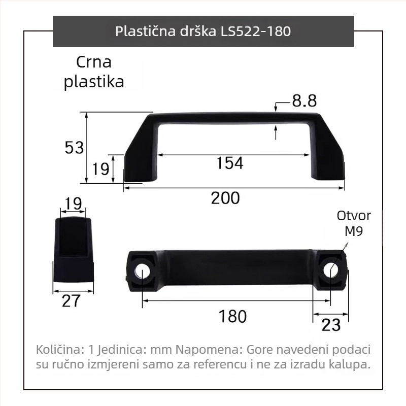 LS522 Debljina aluminijske legure crna najlonska ručka za industrijsku opremu, plastična kvadratna ručka za vrata ormarića