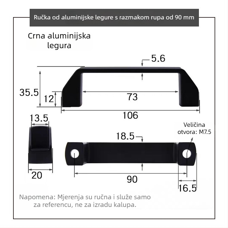 LS522 Debljina aluminijske legure crna najlonska ručka za industrijsku opremu, plastična kvadratna ručka za vrata ormarića
