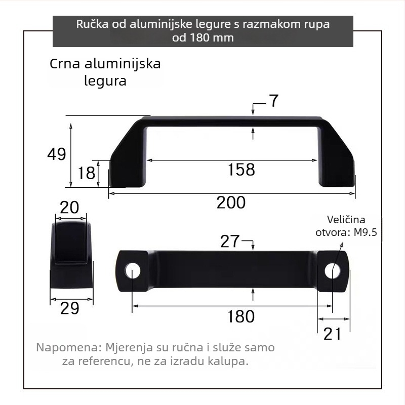 LS522 Debljina aluminijske legure crna najlonska ručka za industrijsku opremu, plastična kvadratna ručka za vrata ormarića