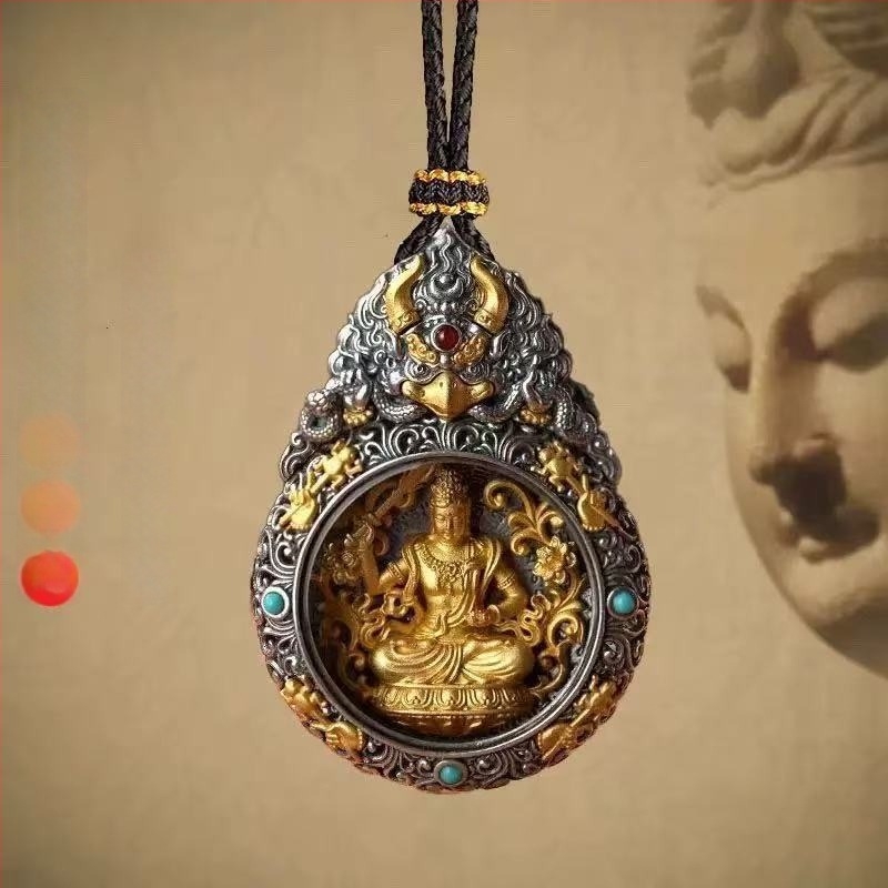 Tibetanski pozlaćeni privjesak na ogrlicu s osam zaštitnih bogova i Bogom bogatstva – uključuje Ksitigarbhu, Samantabhadru i Manjushri – muški kreativni nakit