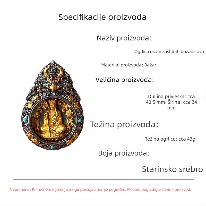 Tibetanski pozlaćeni privjesak na ogrlicu s osam zaštitnih bogova i Bogom bogatstva – uključuje Ksitigarbhu, Samantabhadru i Manjushri – muški kreativni nakit