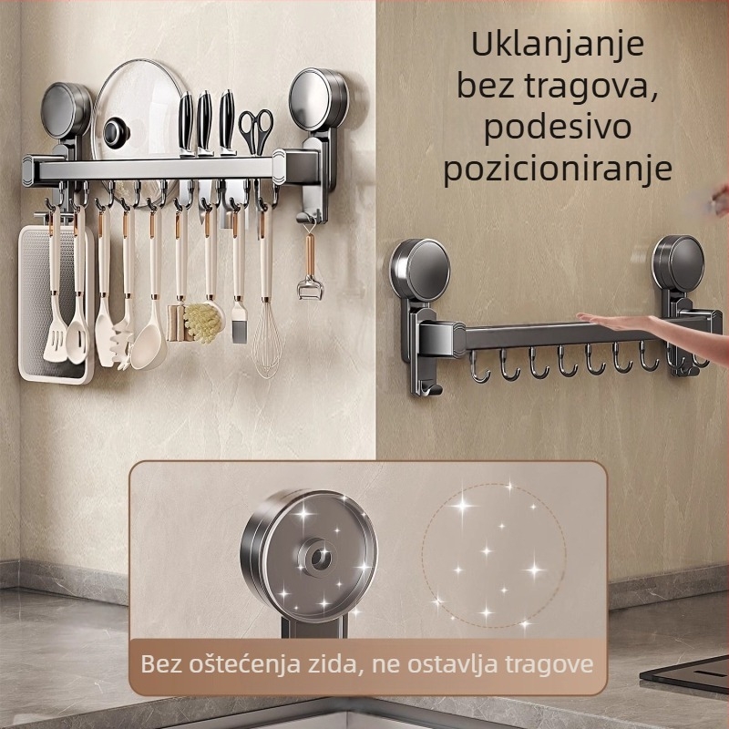 Kuhinjski organizator s prisavnim držačem, bez bušenja, s kukama i vodilicom, držač noževa, držač poklopca i žlica, multifunkcionalno skladištenje; materijal: aluminij Space, anodizirani završetak, grafitna boja, nosivost 10–15 kg