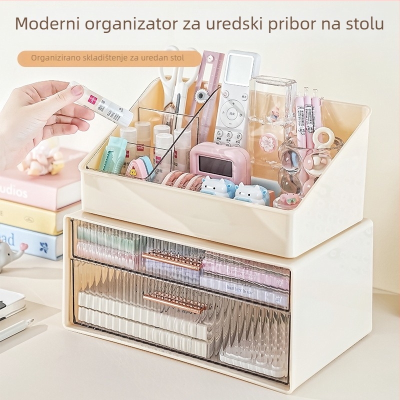 Stolna kutija za pohranu s poklopcem, otporna na prašinu, kremasti završetak, s ladicama, veliki kapacitet