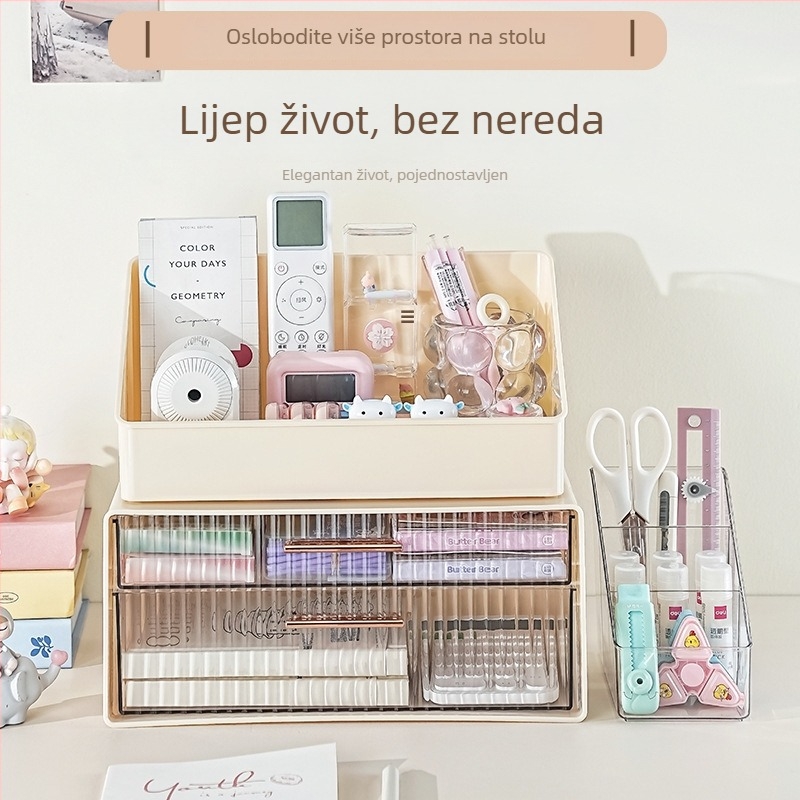 Stolna kutija za pohranu s poklopcem, otporna na prašinu, kremasti završetak, s ladicama, veliki kapacitet